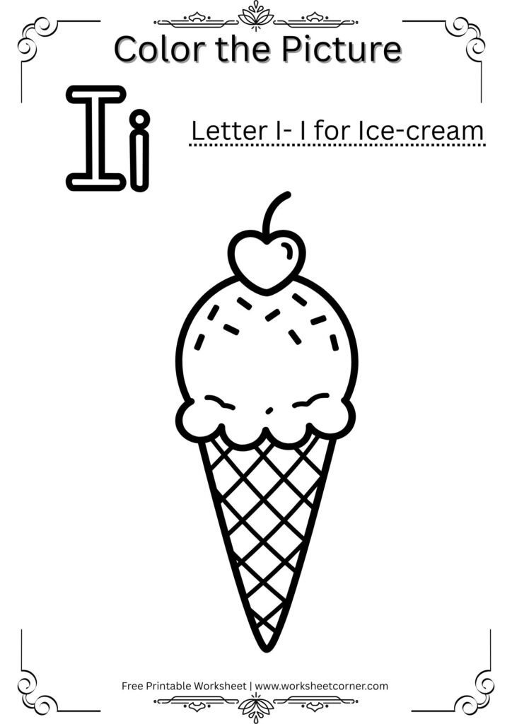 I for Ice Cream Coloring Worksheet (Free PDF)