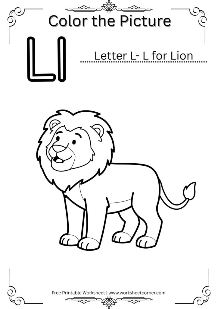 L for Lion Coloring Worksheet for Preschool Kids