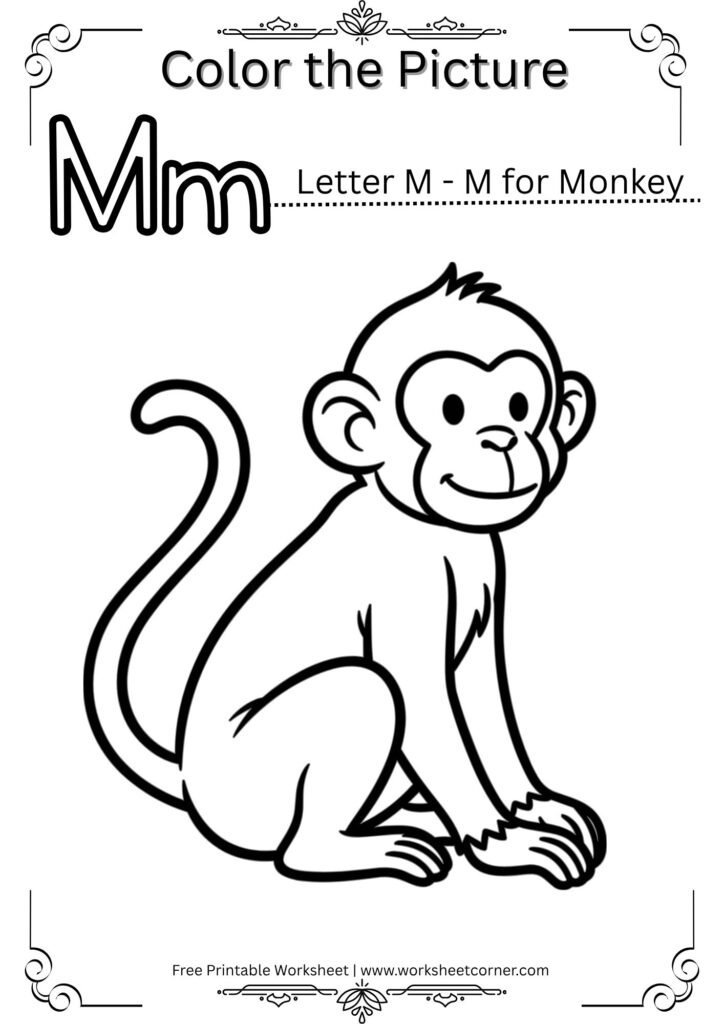 M for Monkey Coloring Worksheet for 3-5 Years Old Kids