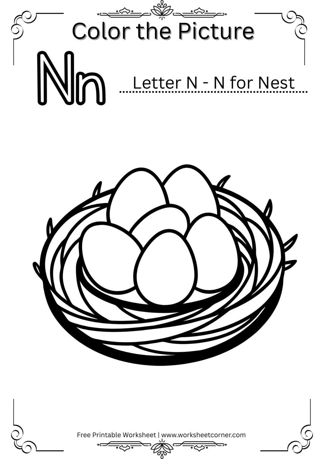 N for Nest Coloring Worksheet (Free PDF for Preschool) - Worksheet Corner