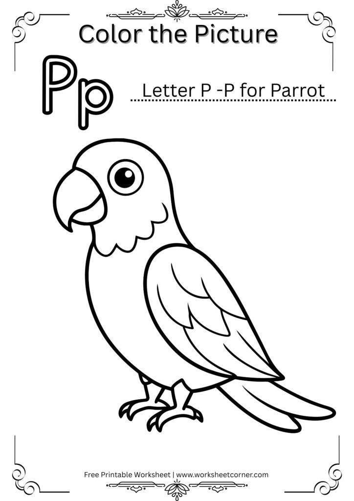 P for Parrot Coloring Worksheet (Printable PDF for Preschool)