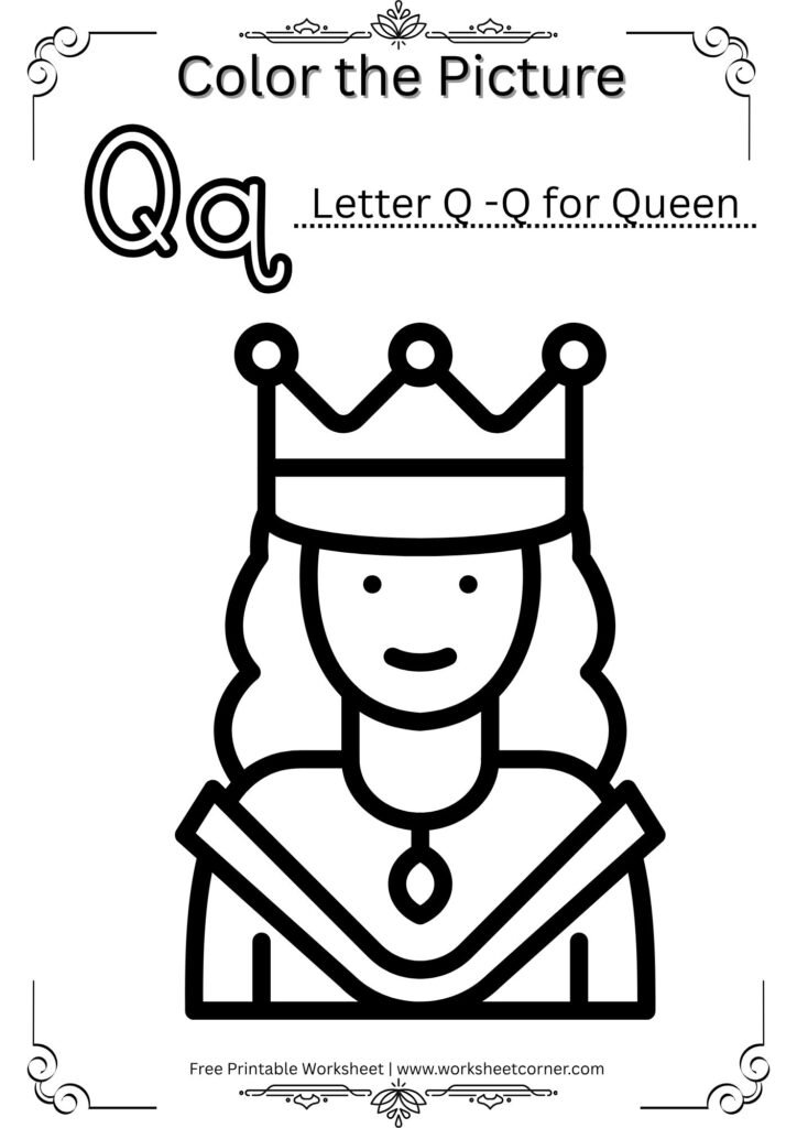Q for Queen Coloring Worksheet (Printable PDF for Nursery)