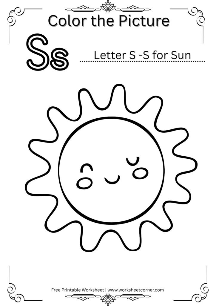 S for Sun Coloring Worksheet (Free PDF for Kids)