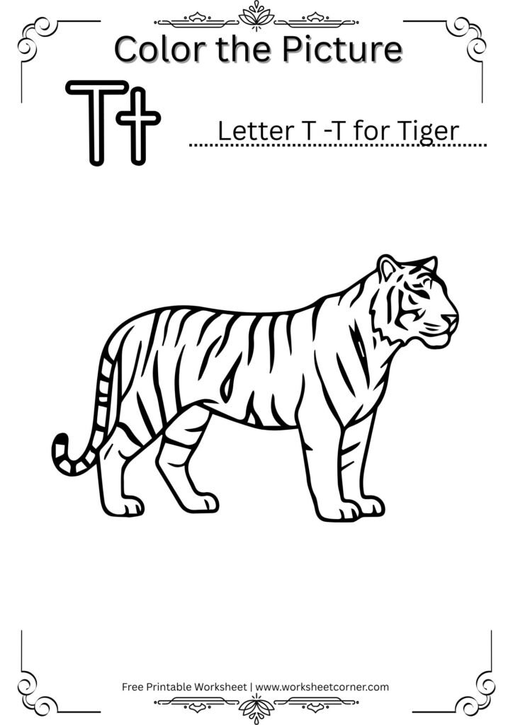 T for TIger Coloring Worksheet (Free Printable PDF)