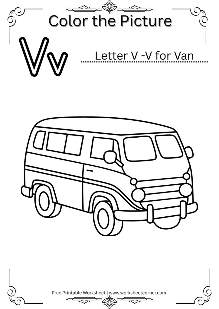 V for Van Coloring Worksheet (Free PDF for Kids)