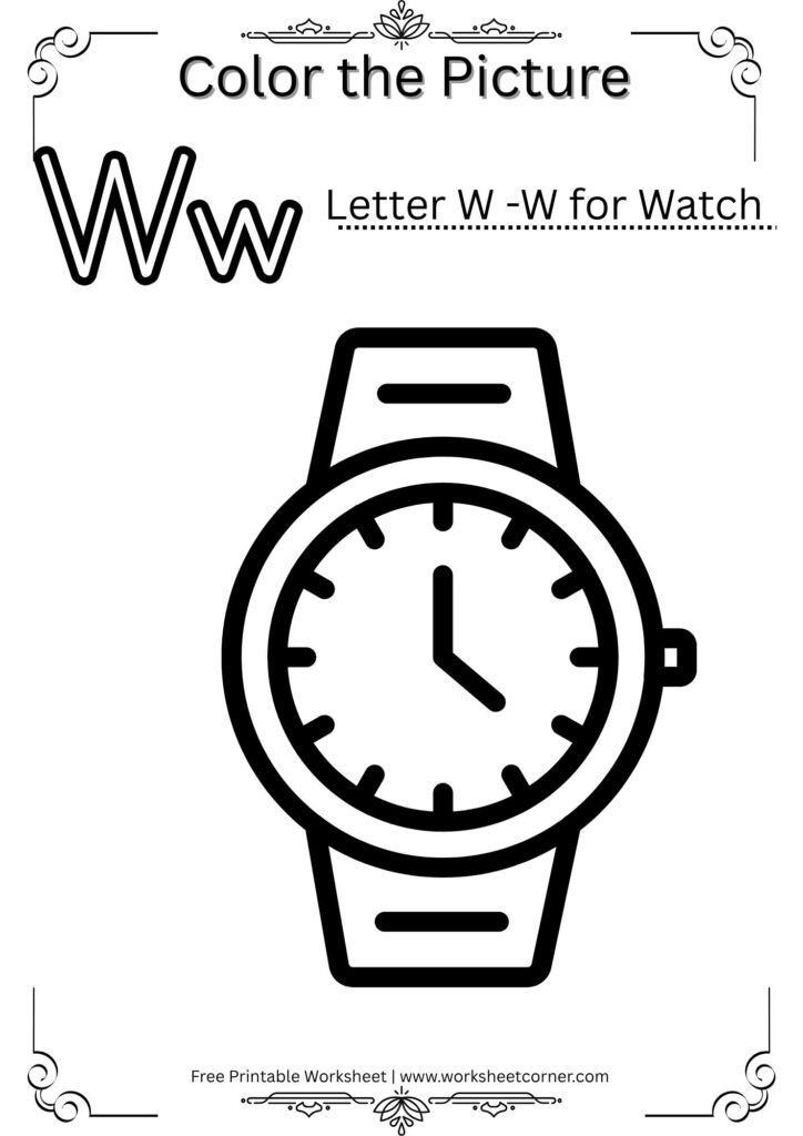 W for Watch Coloring Worksheet (Free PDF for Nursery Kids)