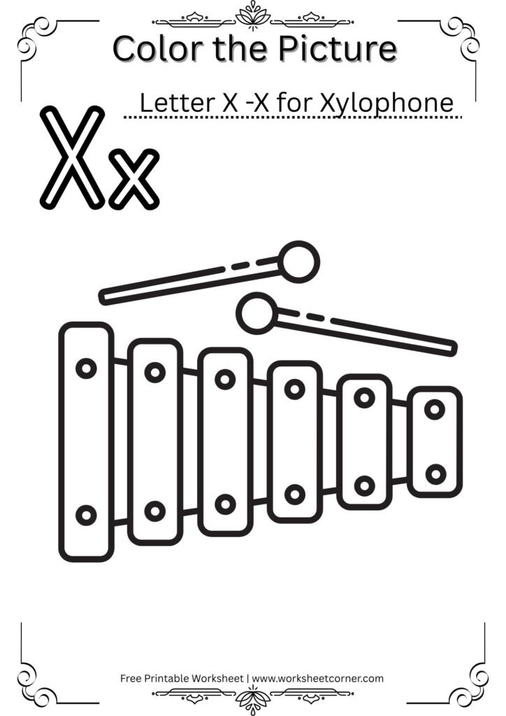 X for Xylophone Coloring Worksheet (Free PDF for Preschool Kids)