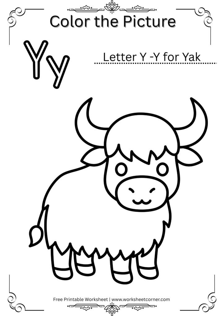 Y for Yak Coloring Worksheet (Free PDF for Preschool)