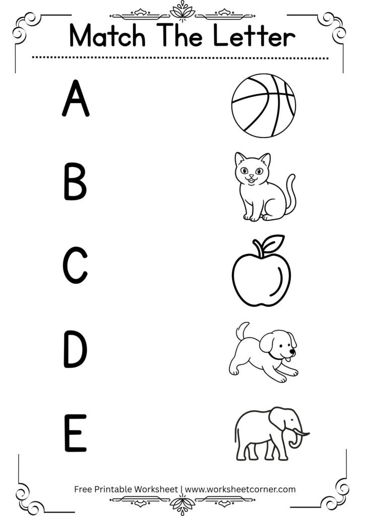 Match the Letter Worksheet for Kids A to E (Free Printable PDF)