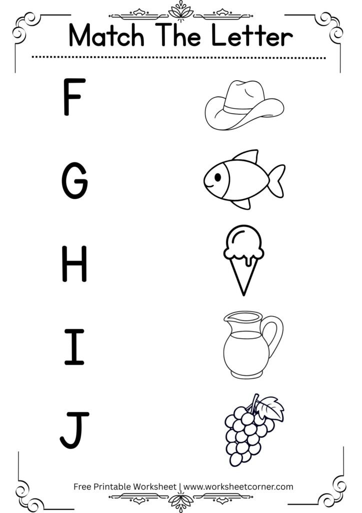 Match the Letter Worksheet for Kids F to J (Free Printable PDF)
