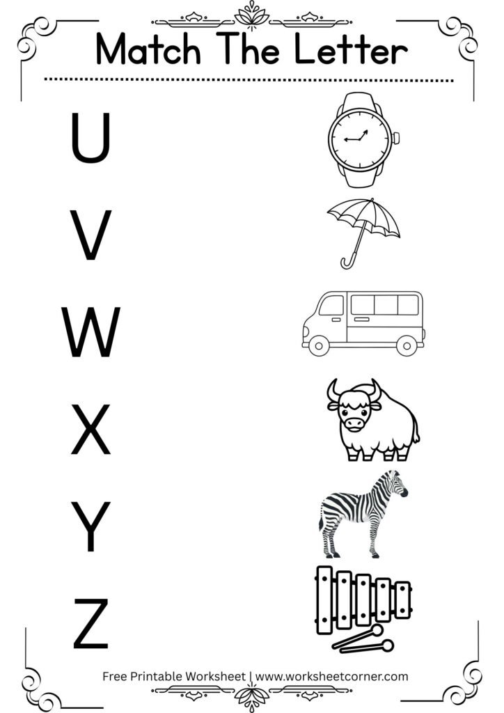 Match the Letter Worksheet for Kids U to Z (Free Printable PDF)