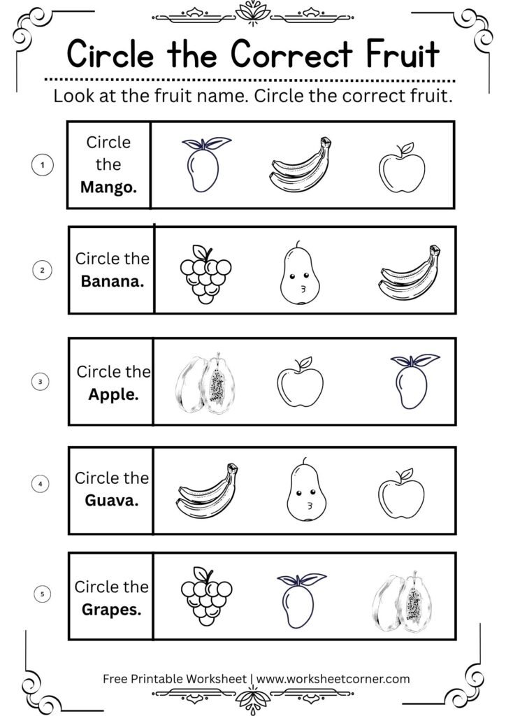 Circle the Correct Fruit Worksheets for Kids (Free Printable PDFs)