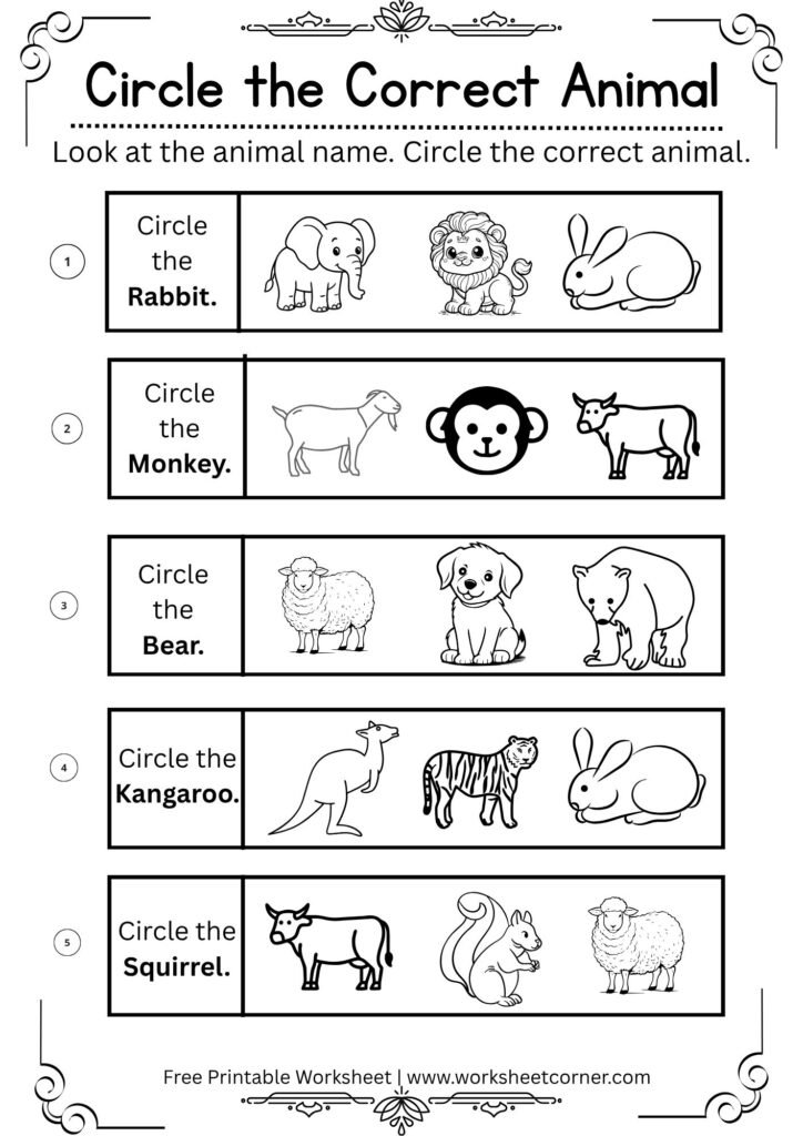 Circle the Correct Animal Worksheet (Mixed)