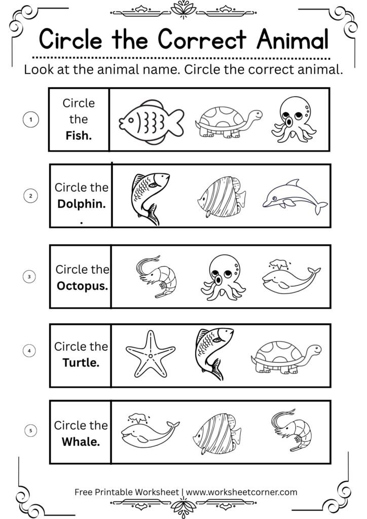 Circle the Correct Sea Animal Worksheet