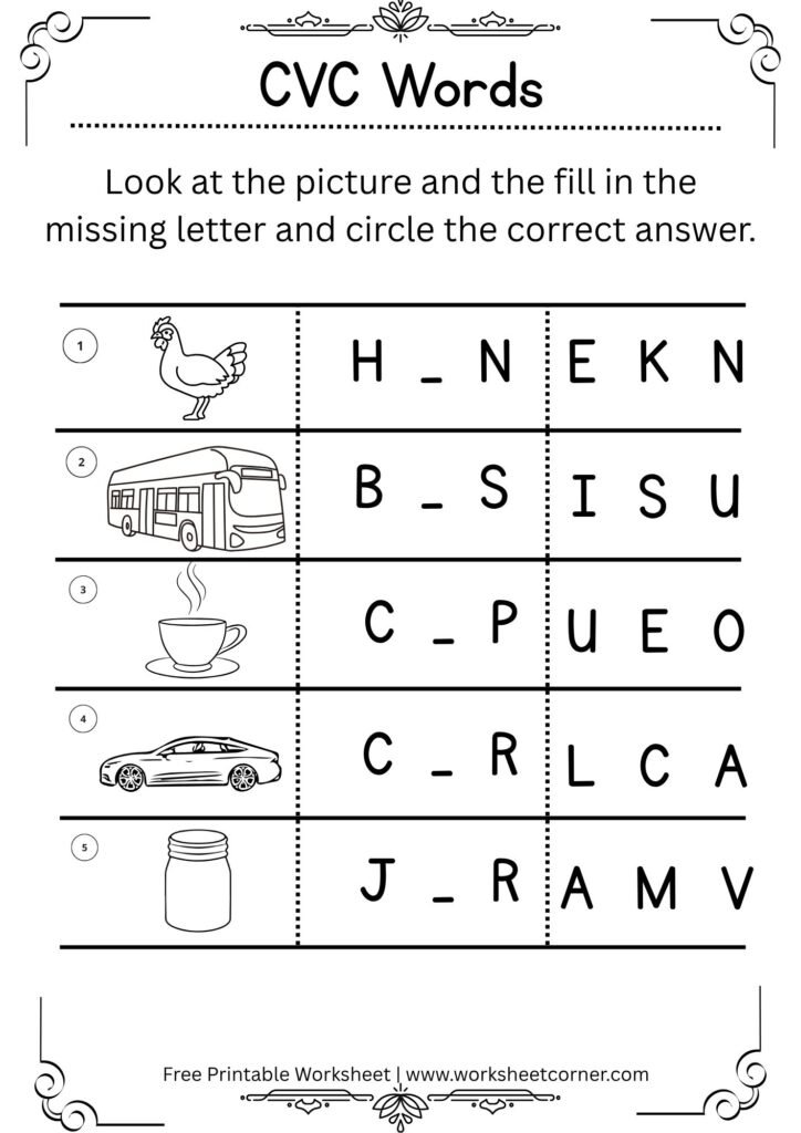 Hen Bus Cup CVC Worksheets