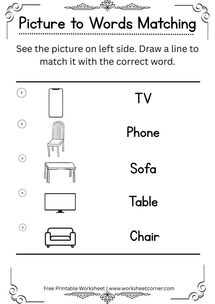 Household Objects Picture to Word Matching Worksheet