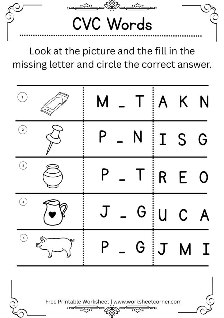 Mat Pin Pot CVC Worksheets
