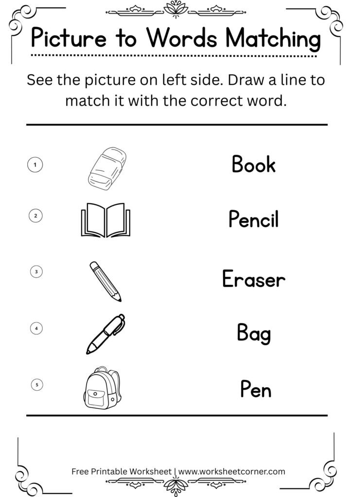 School Objects Picture to Word Matching Worksheet