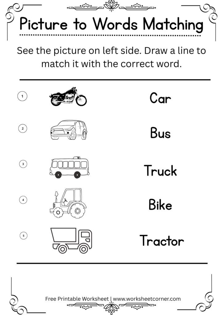 Vehicle Picture to Word Matching Worksheet