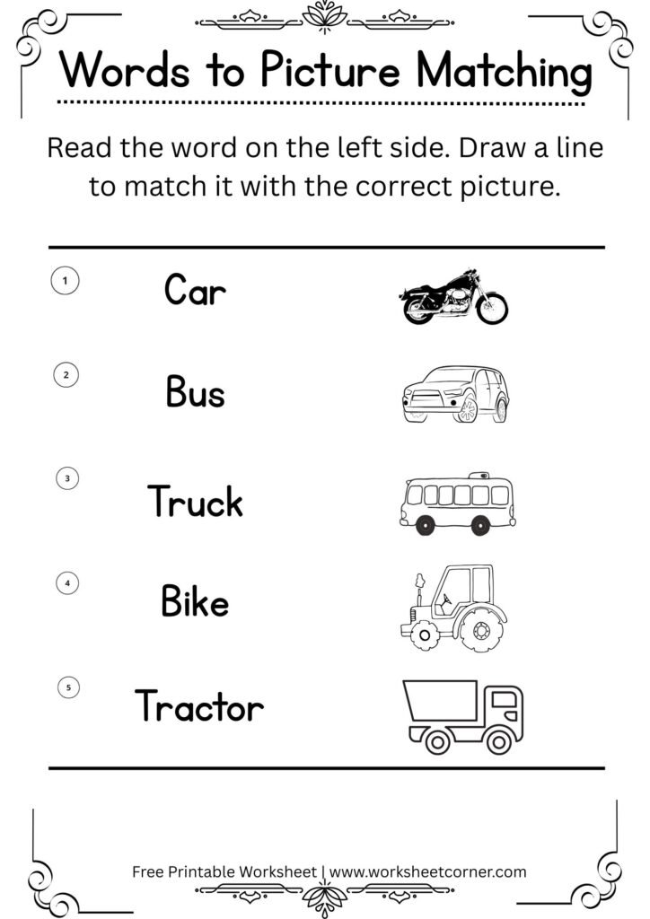 Vehicle Matching Worksheet for Kids
