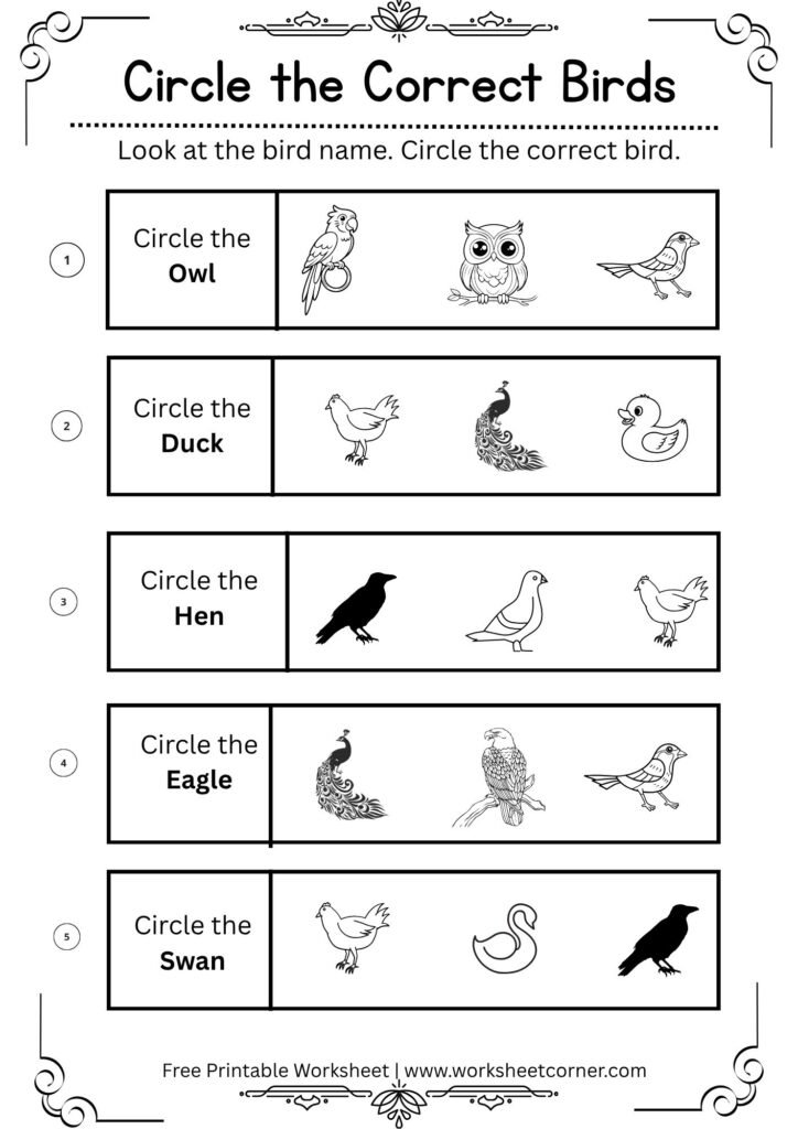 Free Printable Circle the Correct Bird Worksheets for Preschool & Kindergarten-02