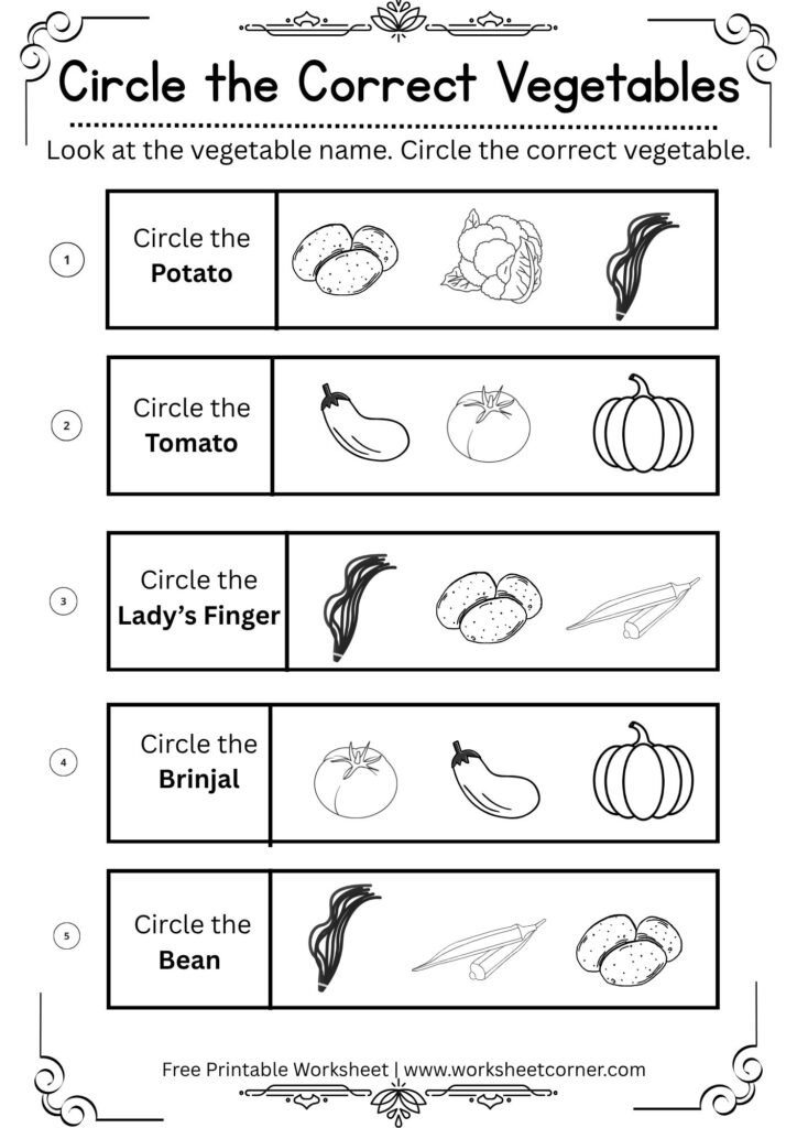 Free Printable Circle the Correct Vegetable Worksheets for Preschool & Kindergarten