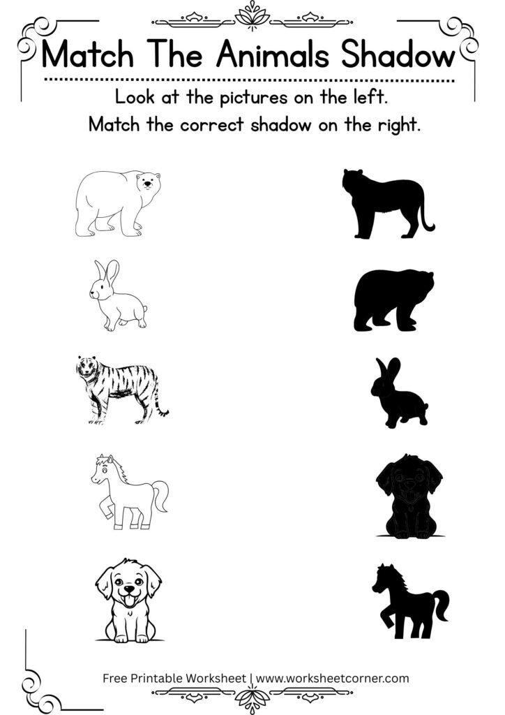 Match the Animal Shadow Worksheet-02-Bear-Rabbit-Tiger-Horse-Dog
