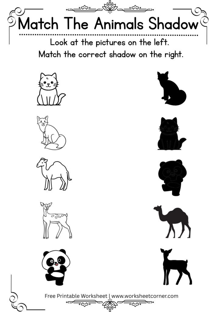 Match the Animal Shadow Worksheet-03-Cat-Fox-Camel-Deer-Panda