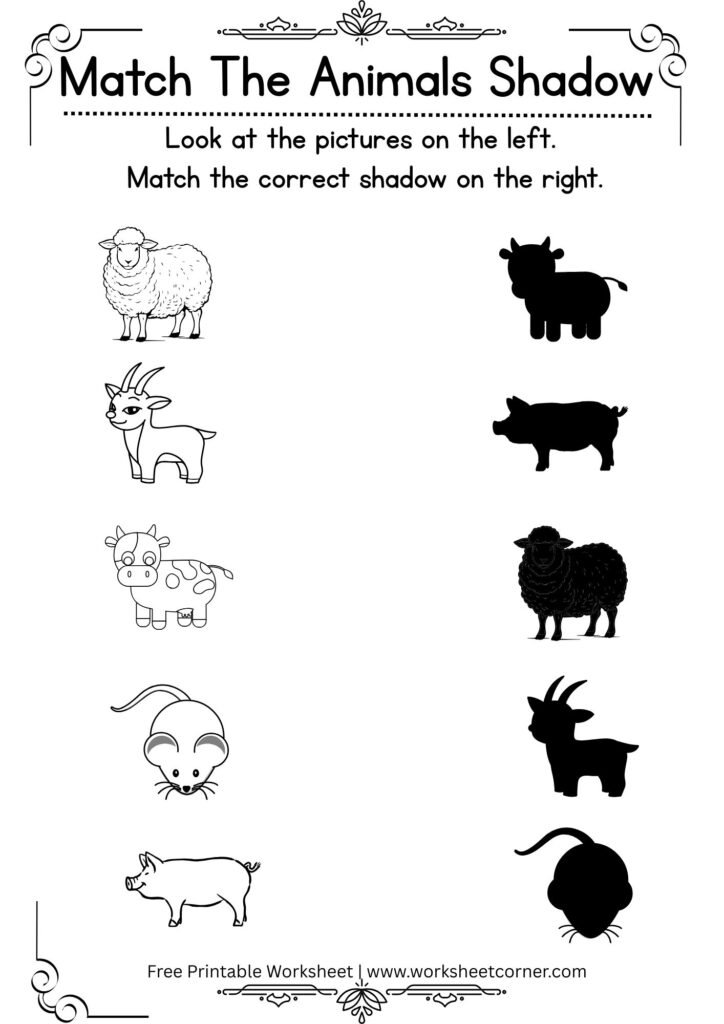 Match the Animal Shadow Worksheet-04-Sheep-Goat-Cow-Rat-Pig