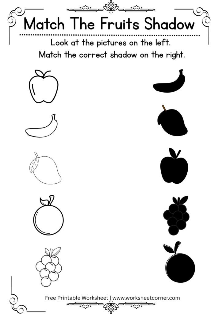 Free Printable Match the Fruit Shadow Worksheets for Preschool & Kindergarten