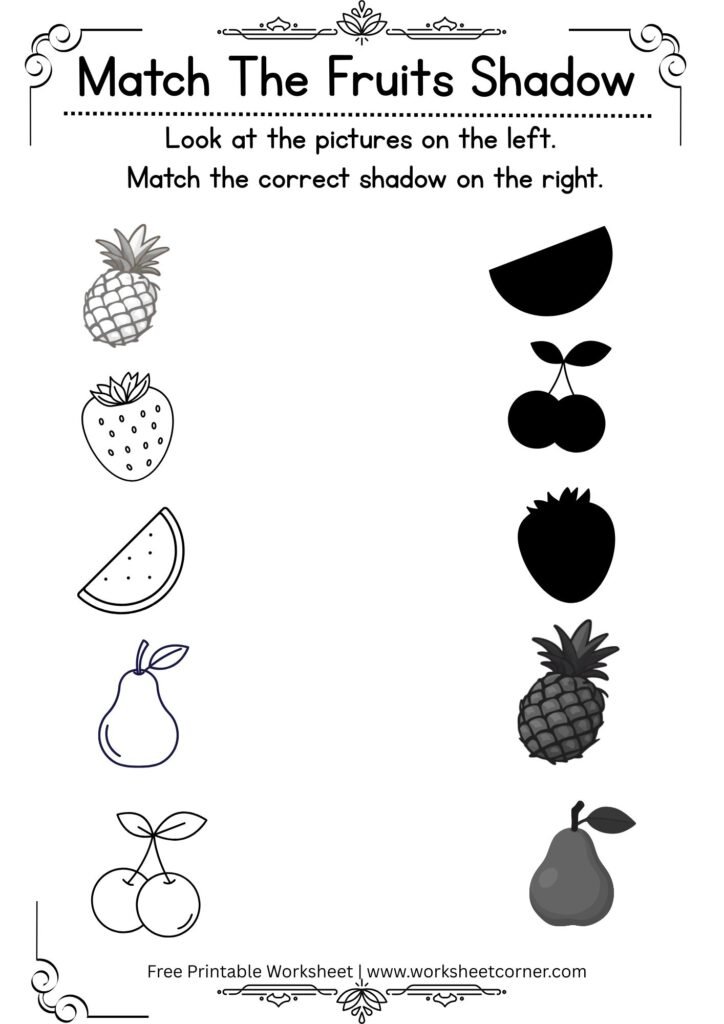 Match the Fruit Shadow Worksheet-Pineapple-Strawberry-Watermelon-Pear-Cherry