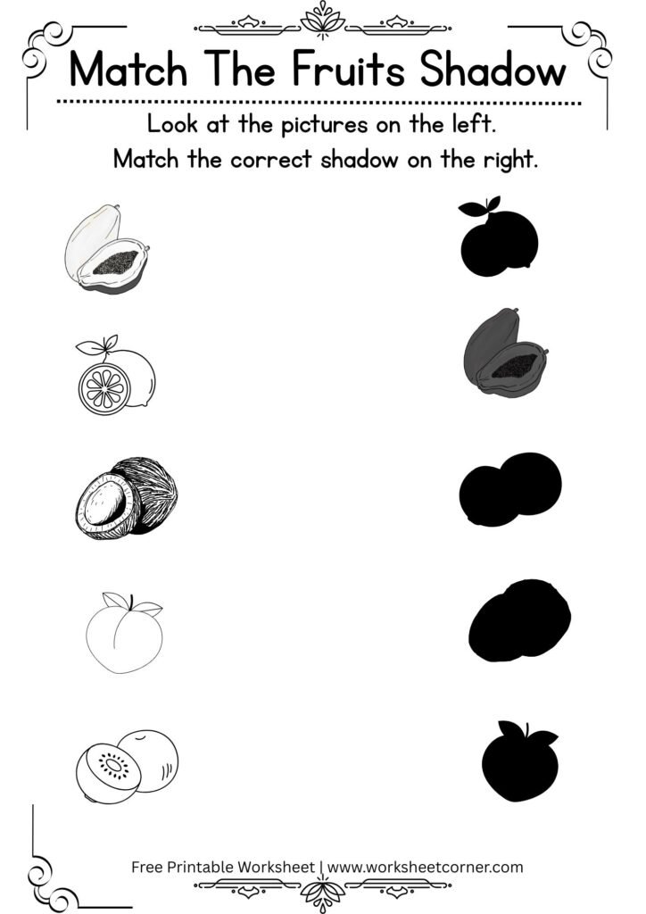 Match the Fruit Shadow Worksheet-Papaya-Lemon-Coconut-Kiwi-Peach