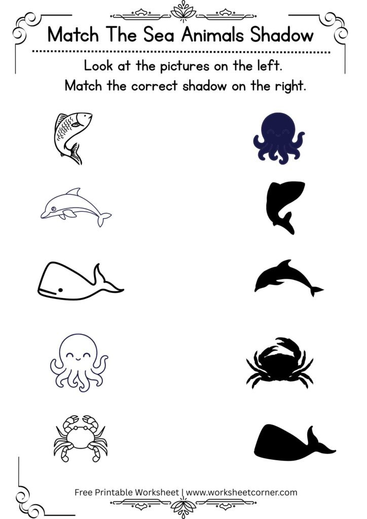 Free Printable Match the Sea Animals Shadow Worksheets-Fish_Dolphin_Shark_Octopus_Crab