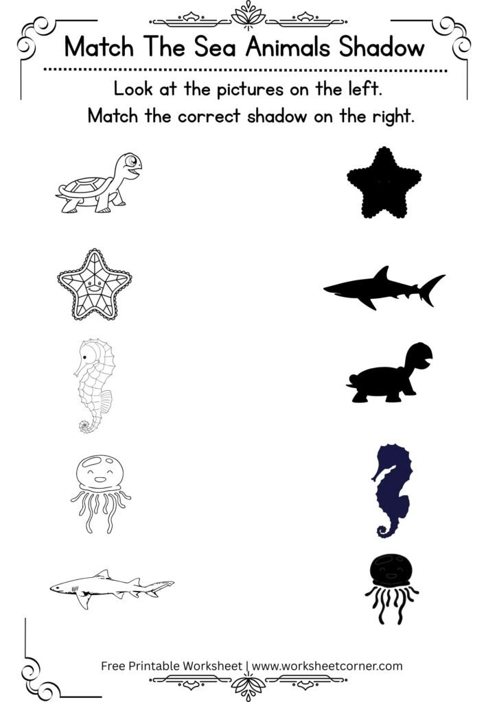Match the Sea Animals Shadow Worksheet-Turtle_Starfish_Seahorse_Jellyfish_Shark