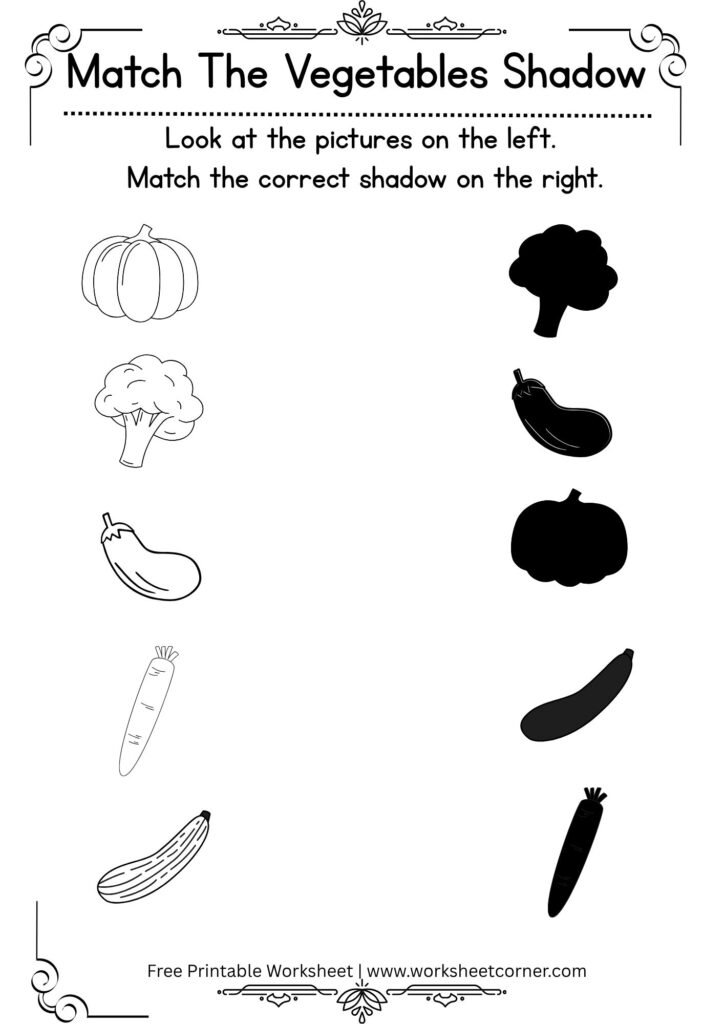 Match the Vegetable Shadow Worksheet-Pumpkin_Cauliflower_Brinjal_Carrot_Cucumber