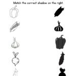 Match the Vegetable Shadow Worksheet-Capsicum_Corn_Garlic_Turnip_Peas