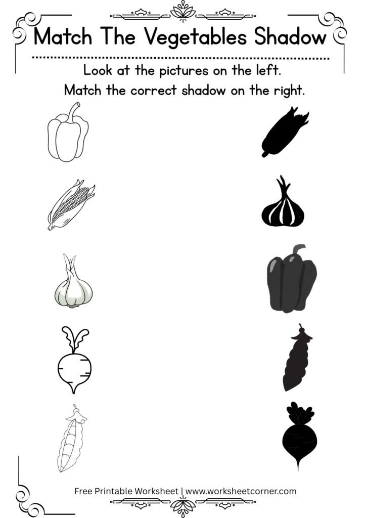 Match the Vegetable Shadow Worksheet-Capsicum_Corn_Garlic_Turnip_Peas