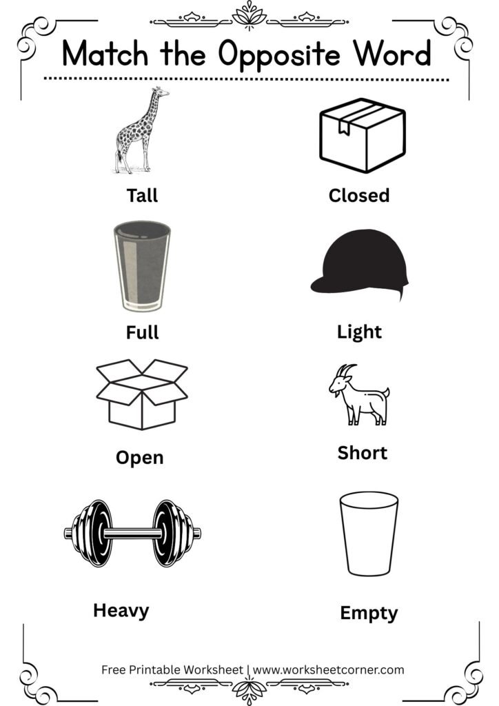 Opposite Words Matching Worksheet-Tall_short_Full_Empty_Open_Closed_Heavy_Light | Free Printable Opposites Worksheet for Preschool Kids