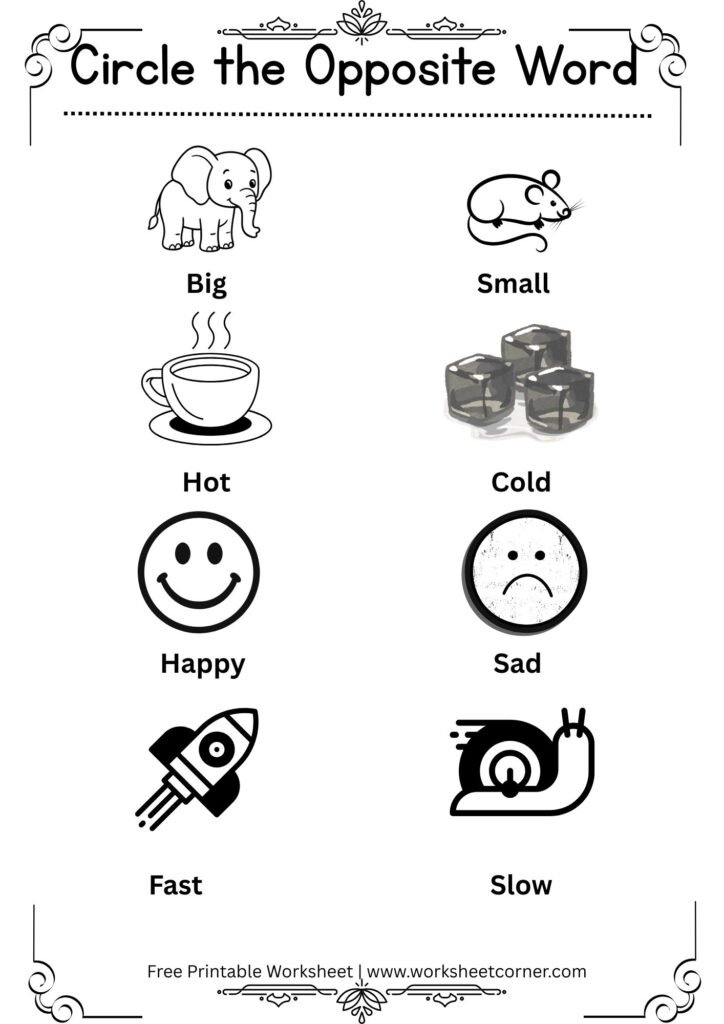 Free Printable Opposite Words Worksheets for Preschool & Kindergarten